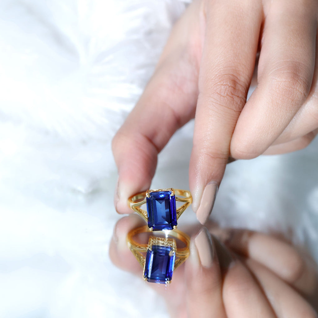 Emerald Cut 9 Carat Lab Created Blue Sapphire Engagement Ring for Women