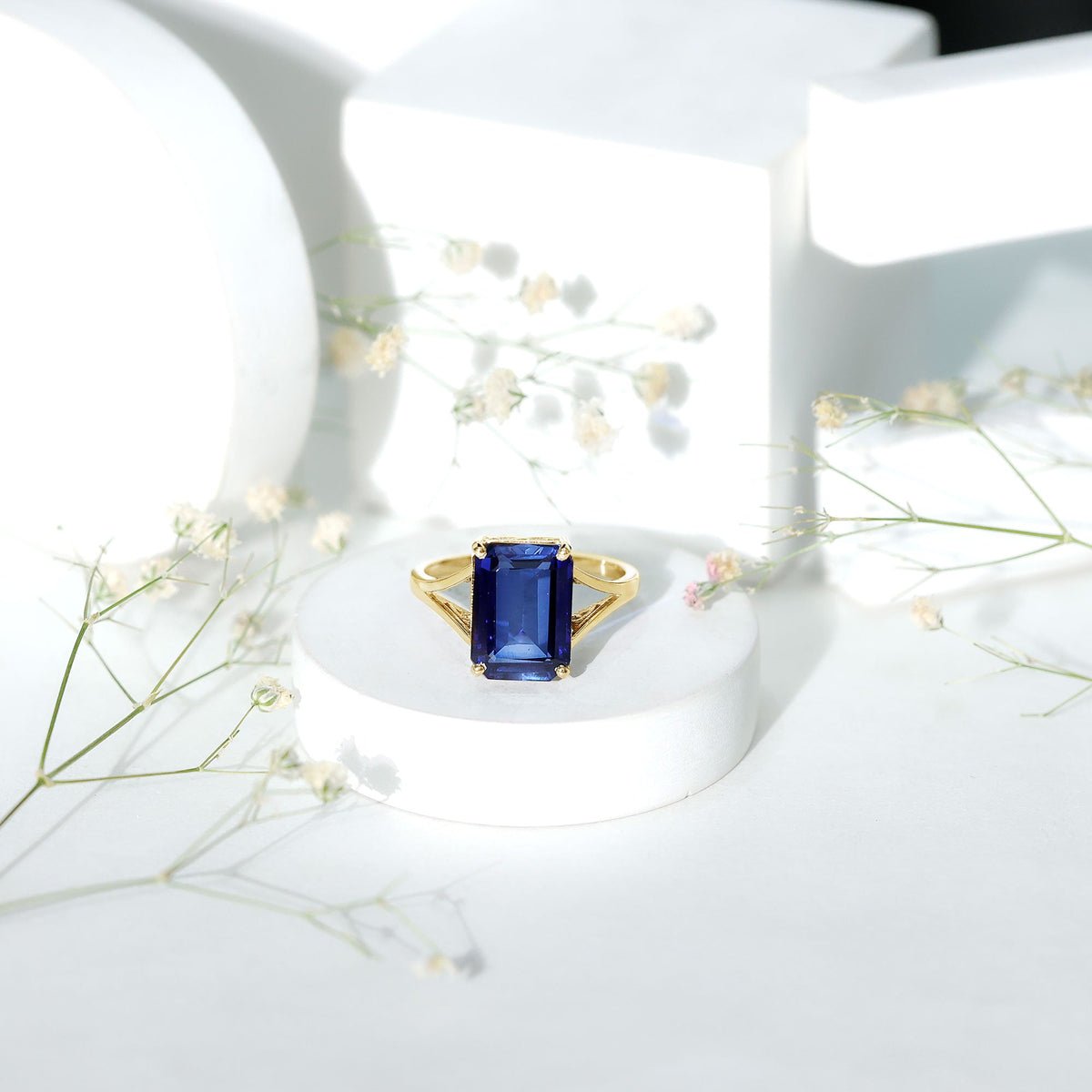 Emerald Cut 9 Carat Lab Created Blue Sapphire Engagement Ring for Women