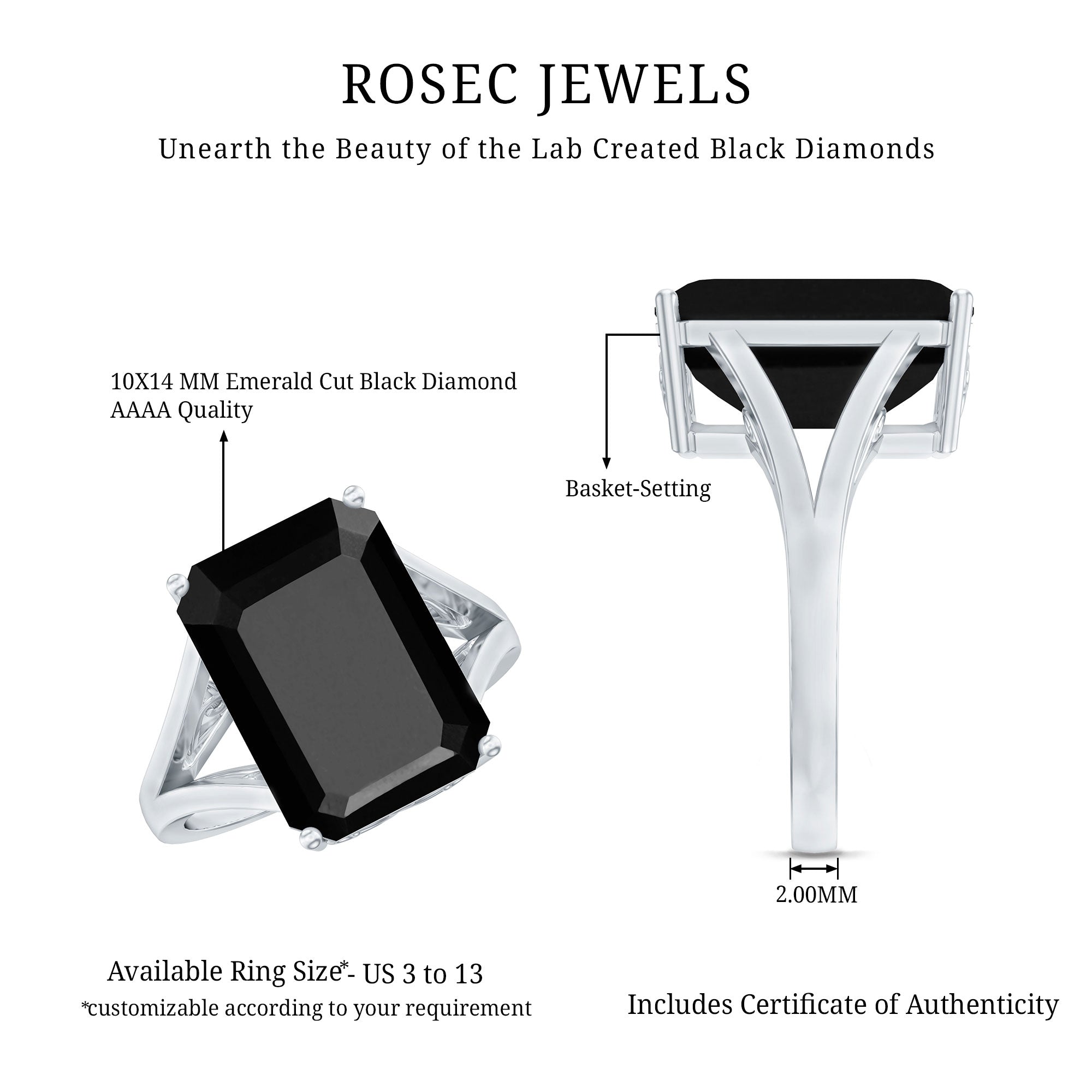 9 Carat Solitaire Lab Grown Black Diamond Emerald Cut Engagement Ring