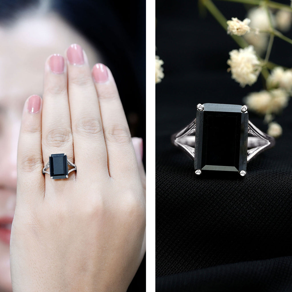9 Carat Solitaire Lab Grown Black Diamond Emerald Cut Engagement Ring