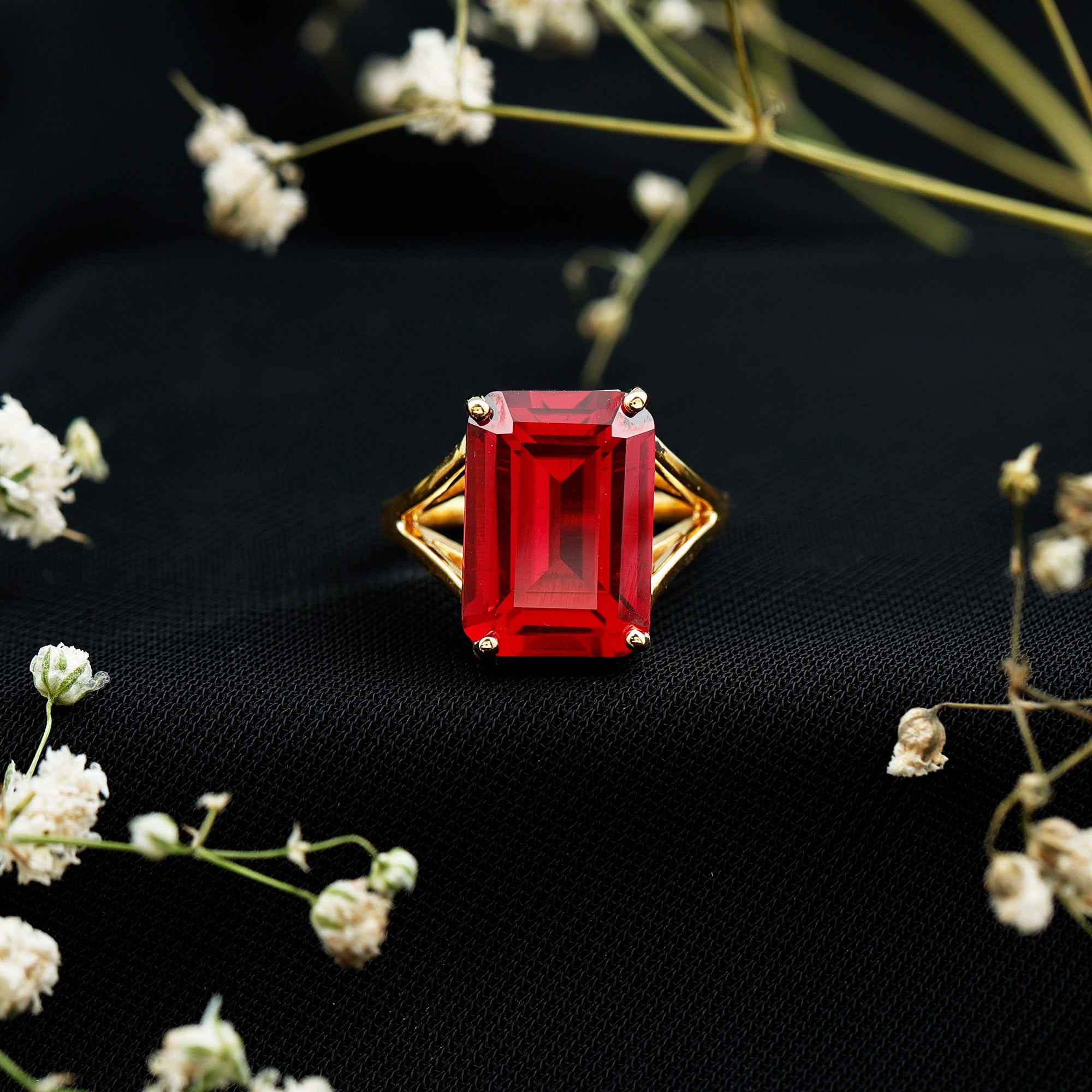 Certified 5 Carat Emerald Cut Lab Grown Ruby Engagement Ring with Split Shank