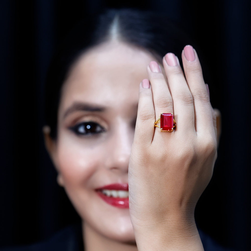 Certified 5 Carat Emerald Cut Lab Grown Ruby Engagement Ring with Split Shank