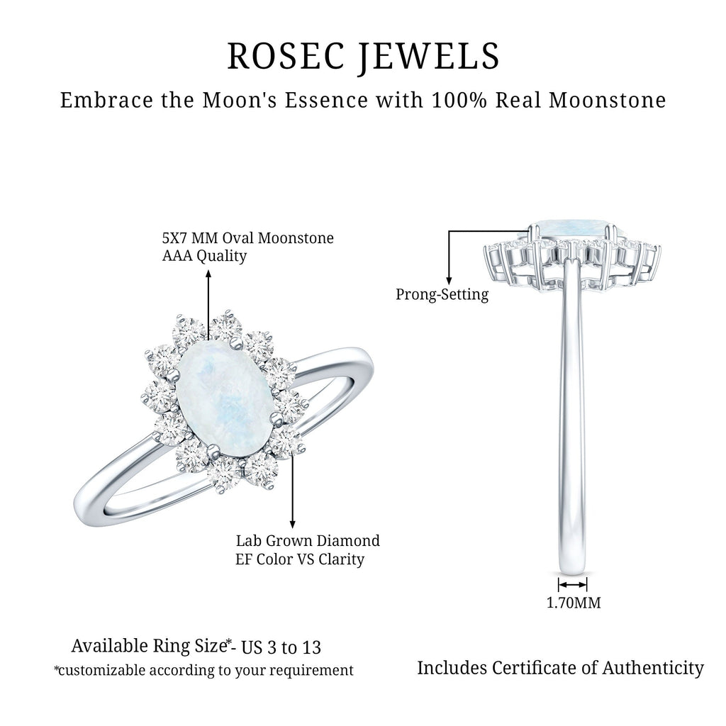 Natural 1 Carat Oval Cut Moonstone and Diamond Engagement Ring