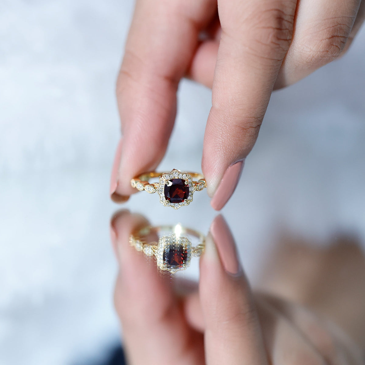 Garnet Vintage Engagement Ring with Lab Diamond Halo