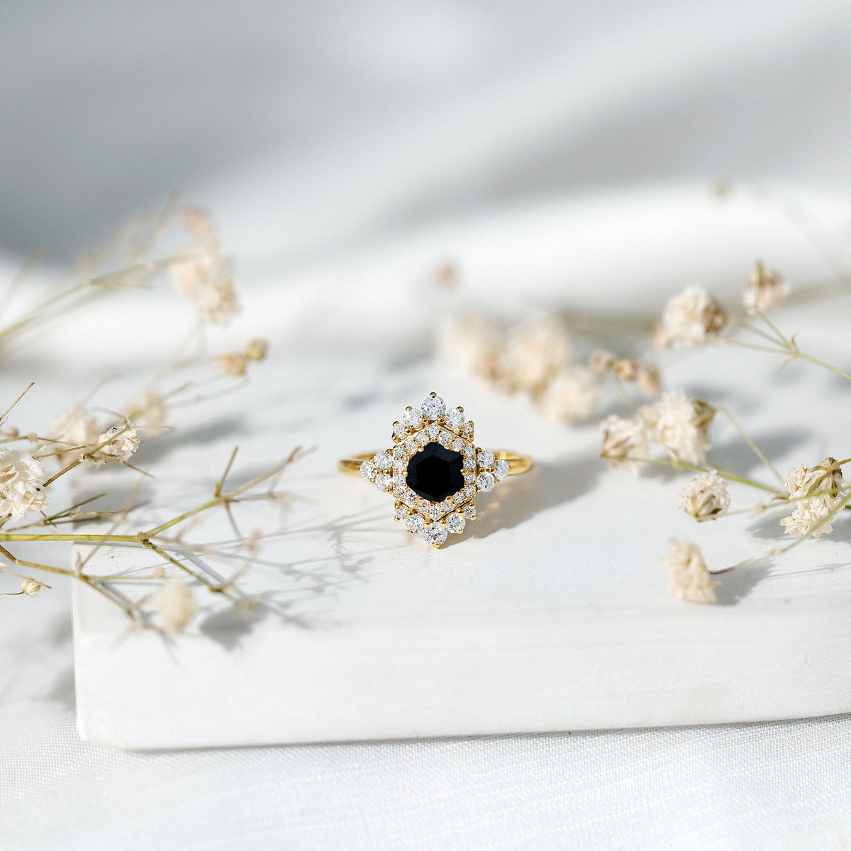 Black Spinel and Diamond Vintage Engagement Ring in Silver