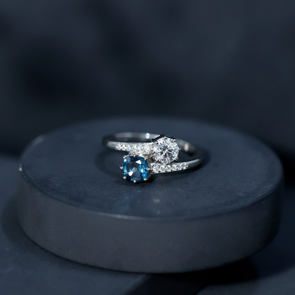 London Blue Topaz Designer Two Stone Engagement Ring in Silver
