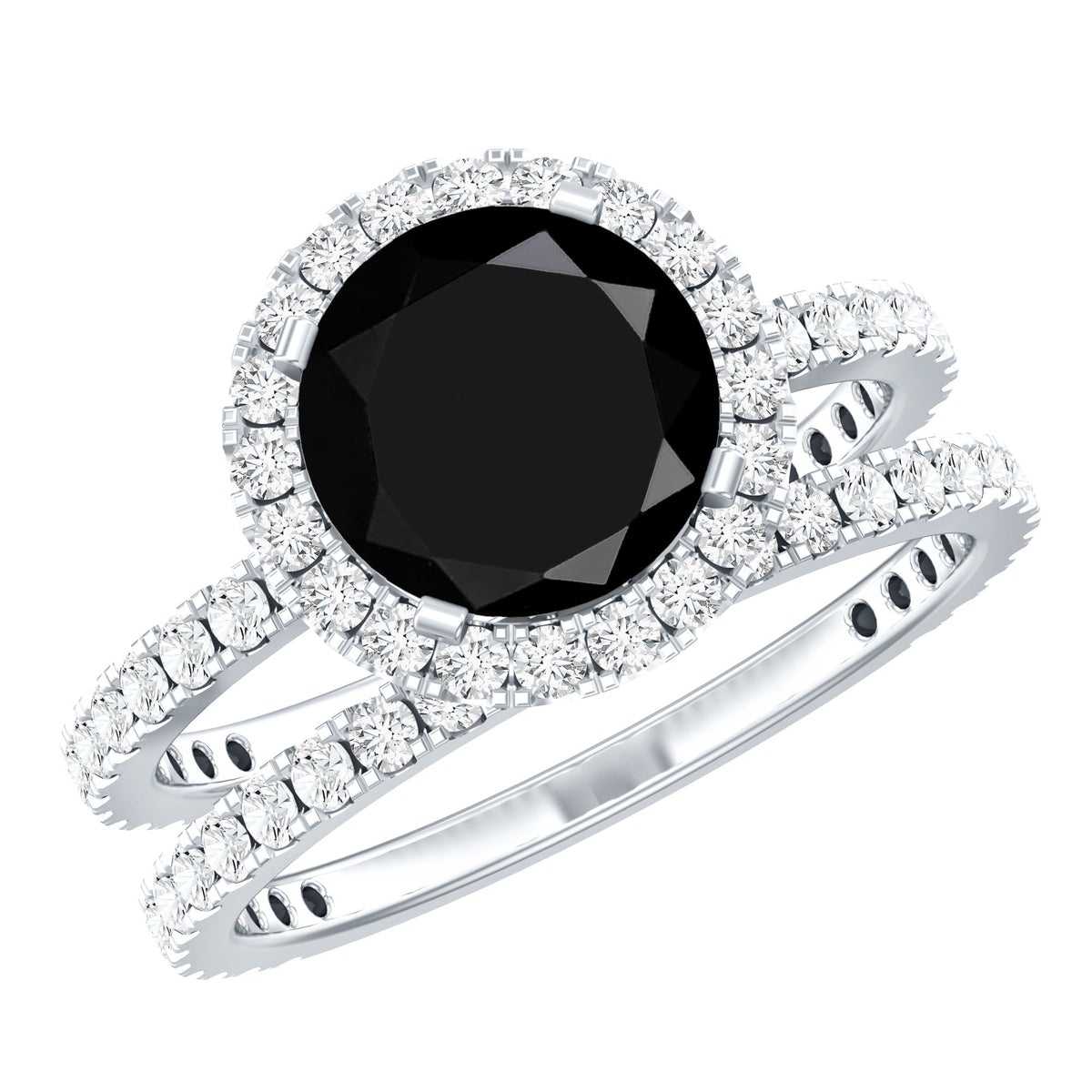 2 Carat Lab Grown Black Diamond Engagement Ring with Moissanite Wedding Band