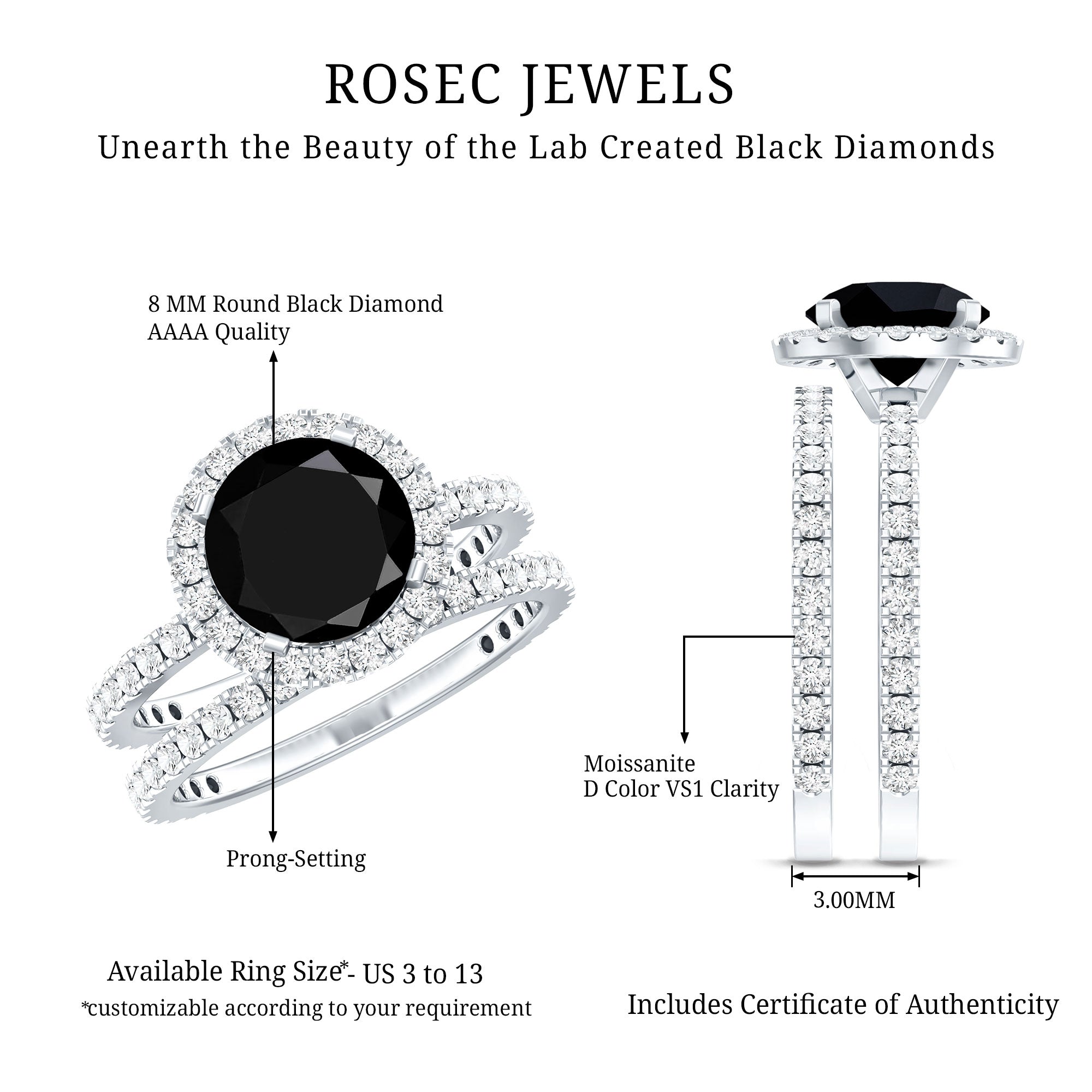 2 Carat Lab Grown Black Diamond Engagement Ring with Moissanite Wedding Band