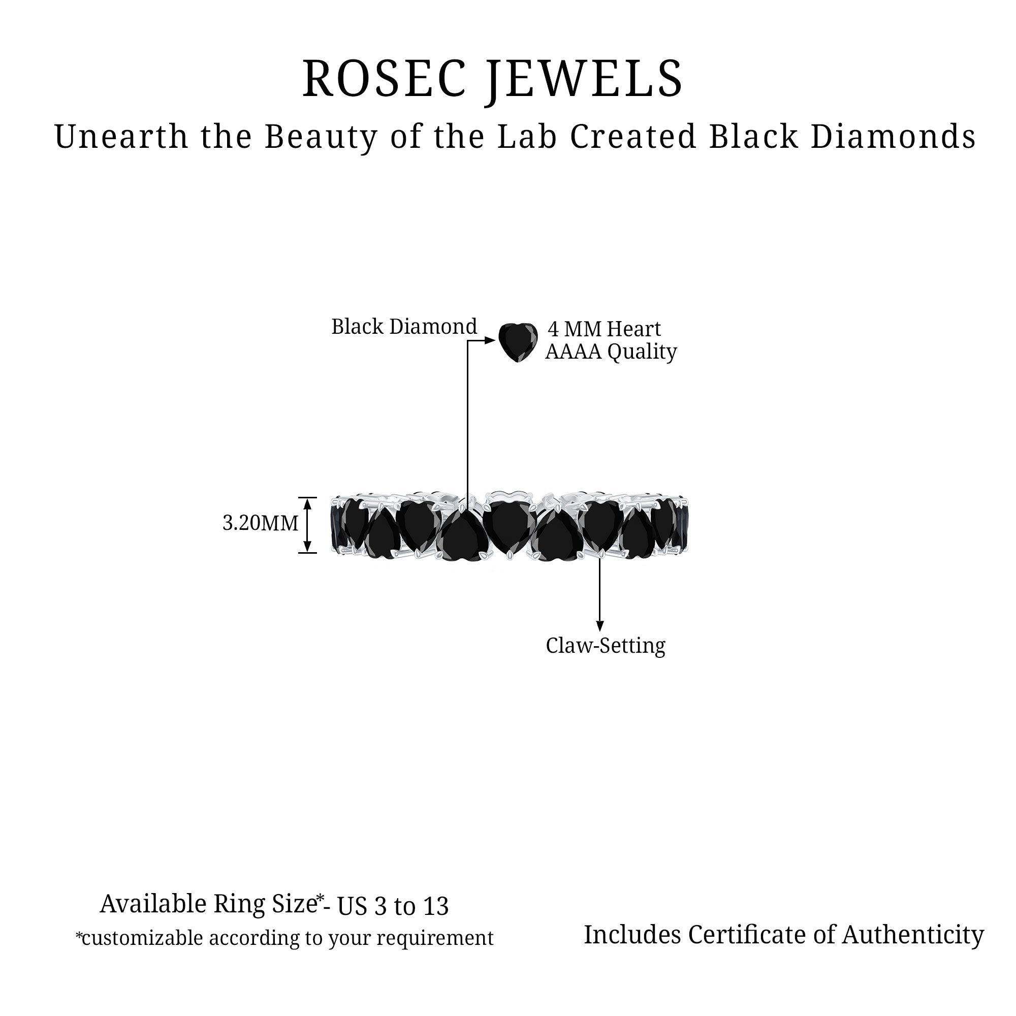 Certified Lab Grown Black Diamond Heart Eternity Ring for Women