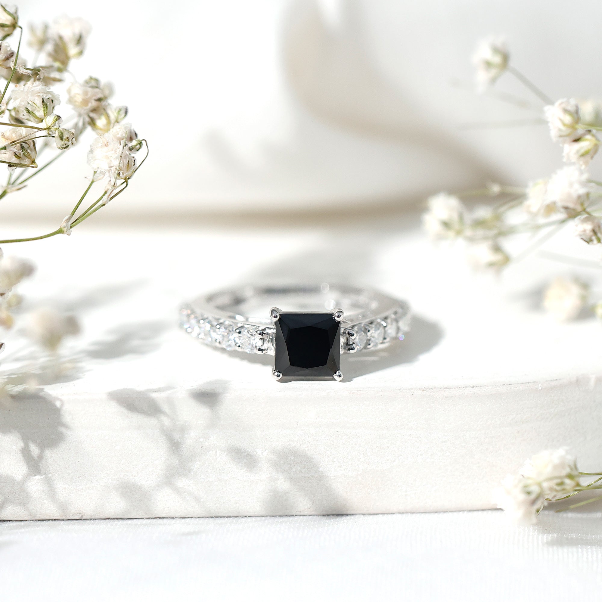 Certified 1 Carat Lab Grown Black Diamond Princess Cut Engagement Ring with Moissanite