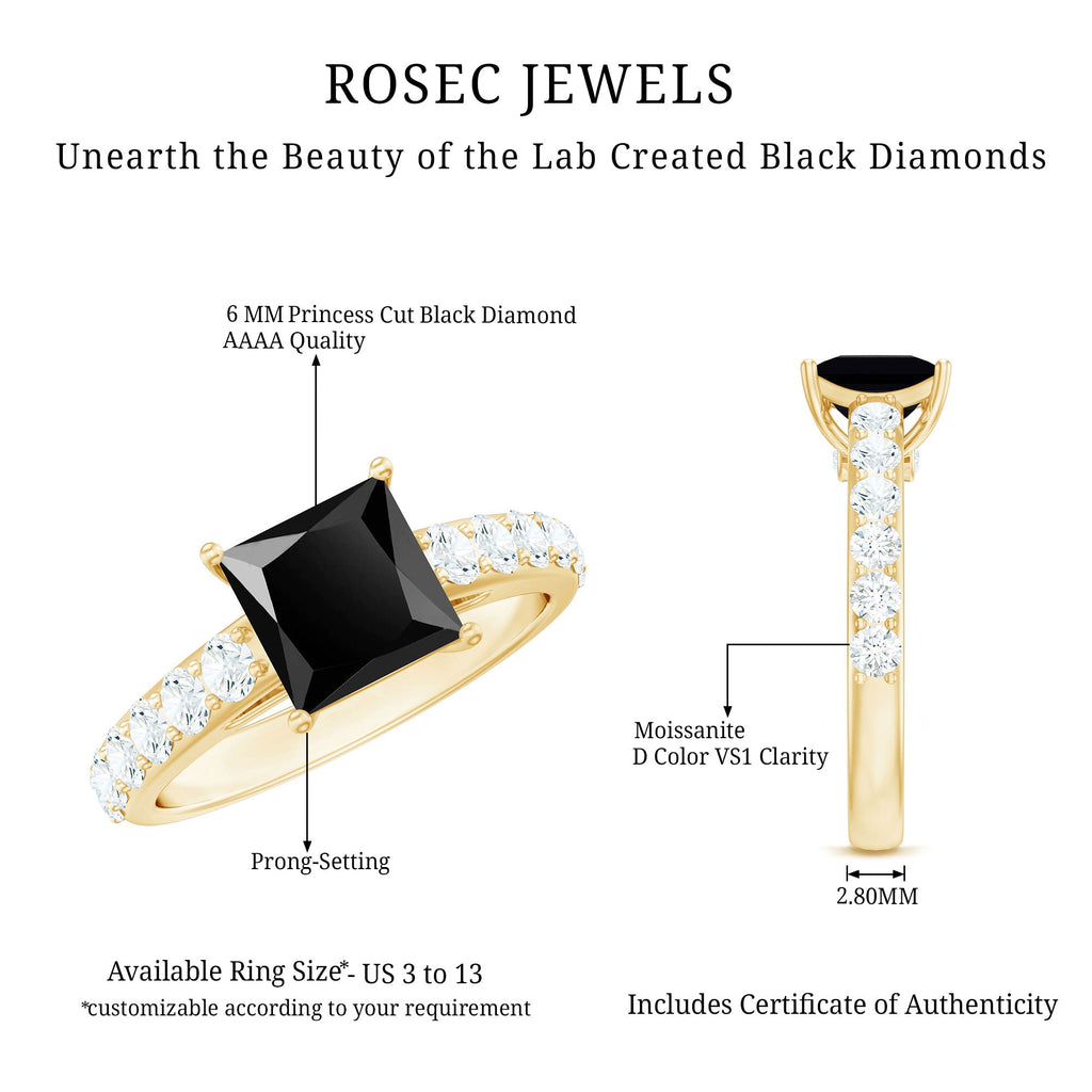 Certified 1 Carat Lab Grown Black Diamond Princess Cut Engagement Ring with Moissanite