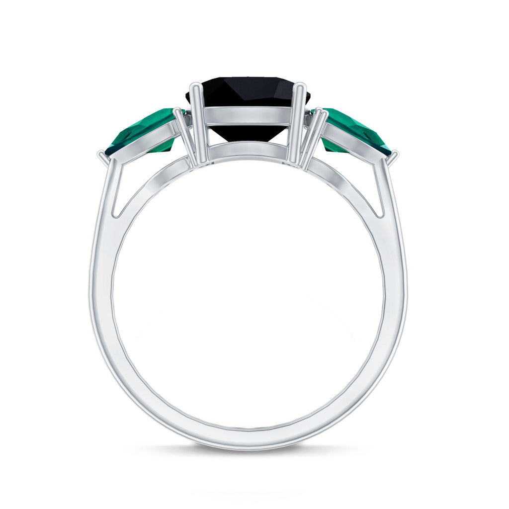 2.8 Carat Certified Lab Grown Black Diamond 3 Stone Engagement Ring with Emerald