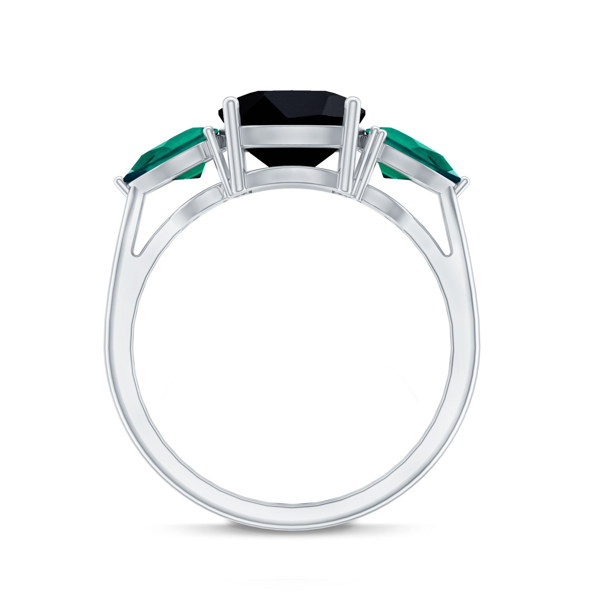 2.8 Carat Certified Lab Grown Black Diamond 3 Stone Engagement Ring with Emerald