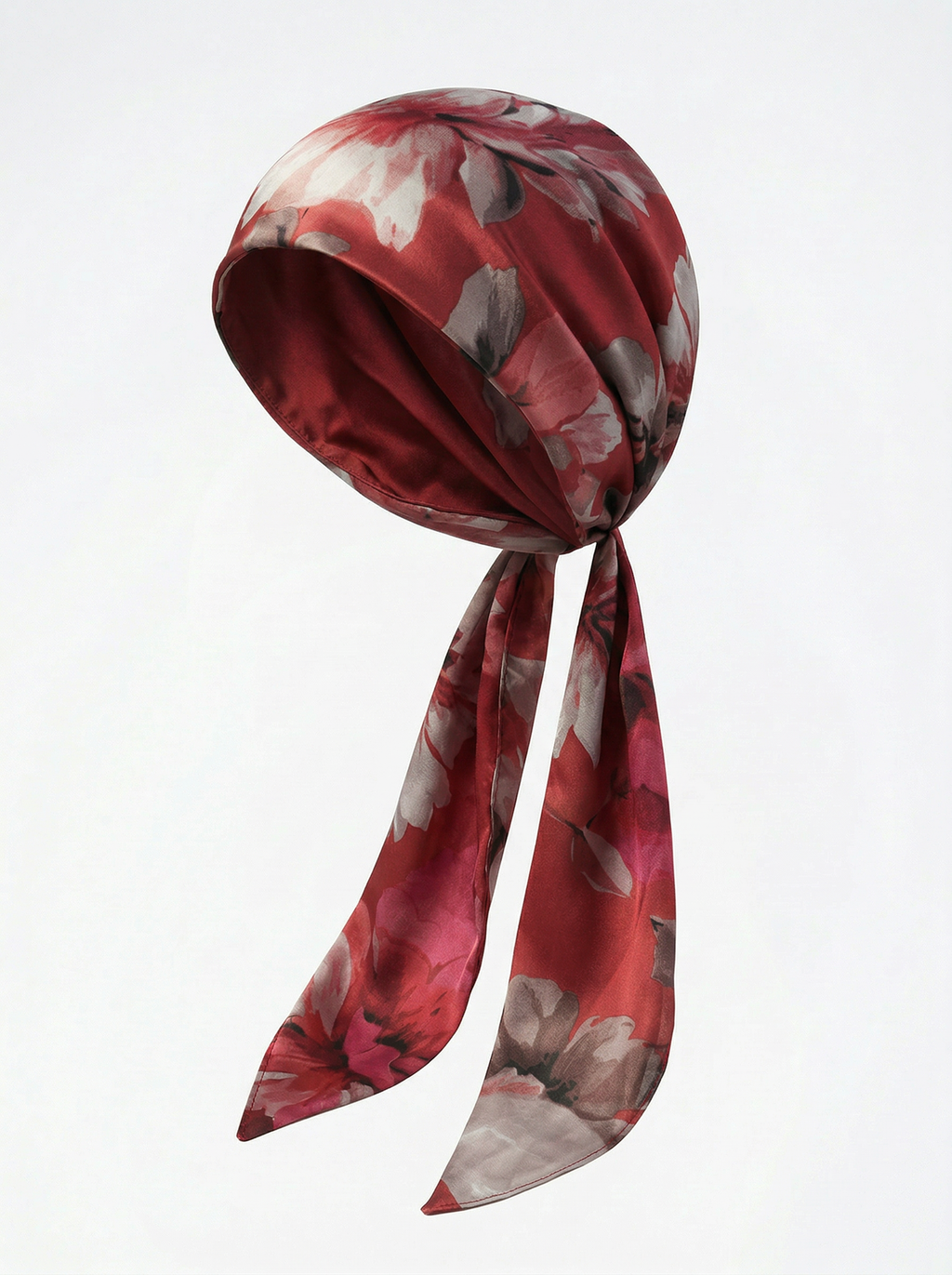 Silk headscarf with ties - Red Floral