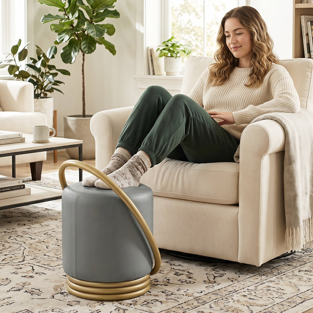 Round Vanity Stool with Gold Halo Design - Faux Leather