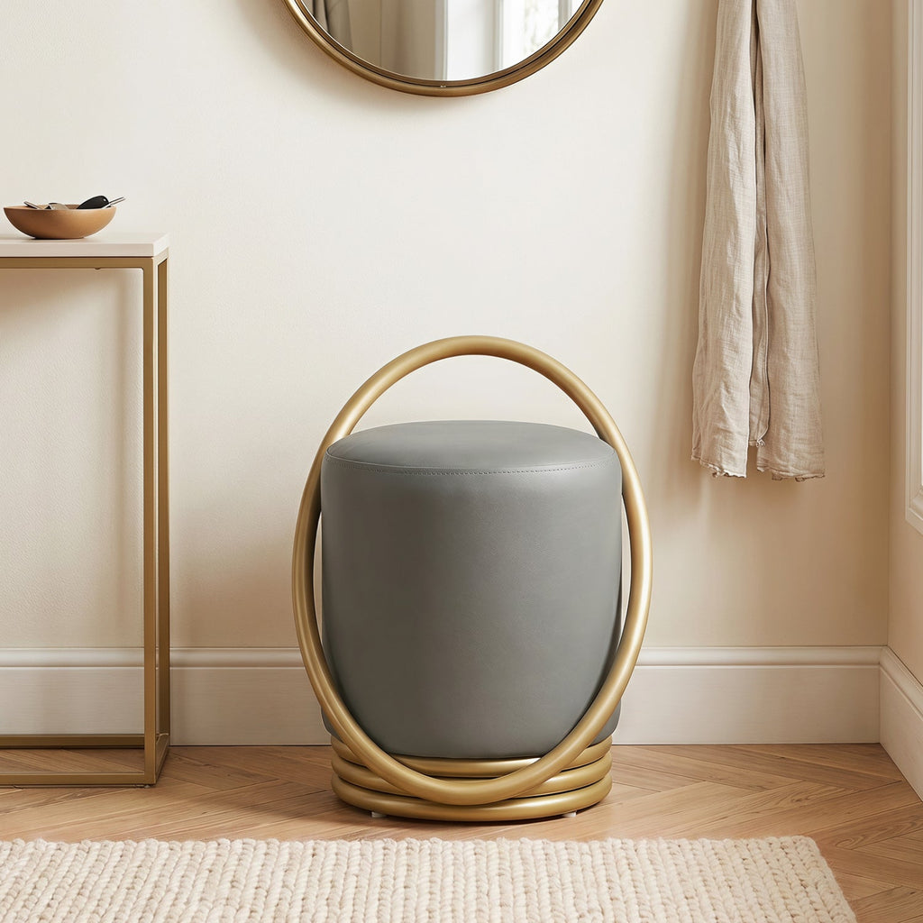Round Vanity Stool with Gold Halo Design - Faux Leather