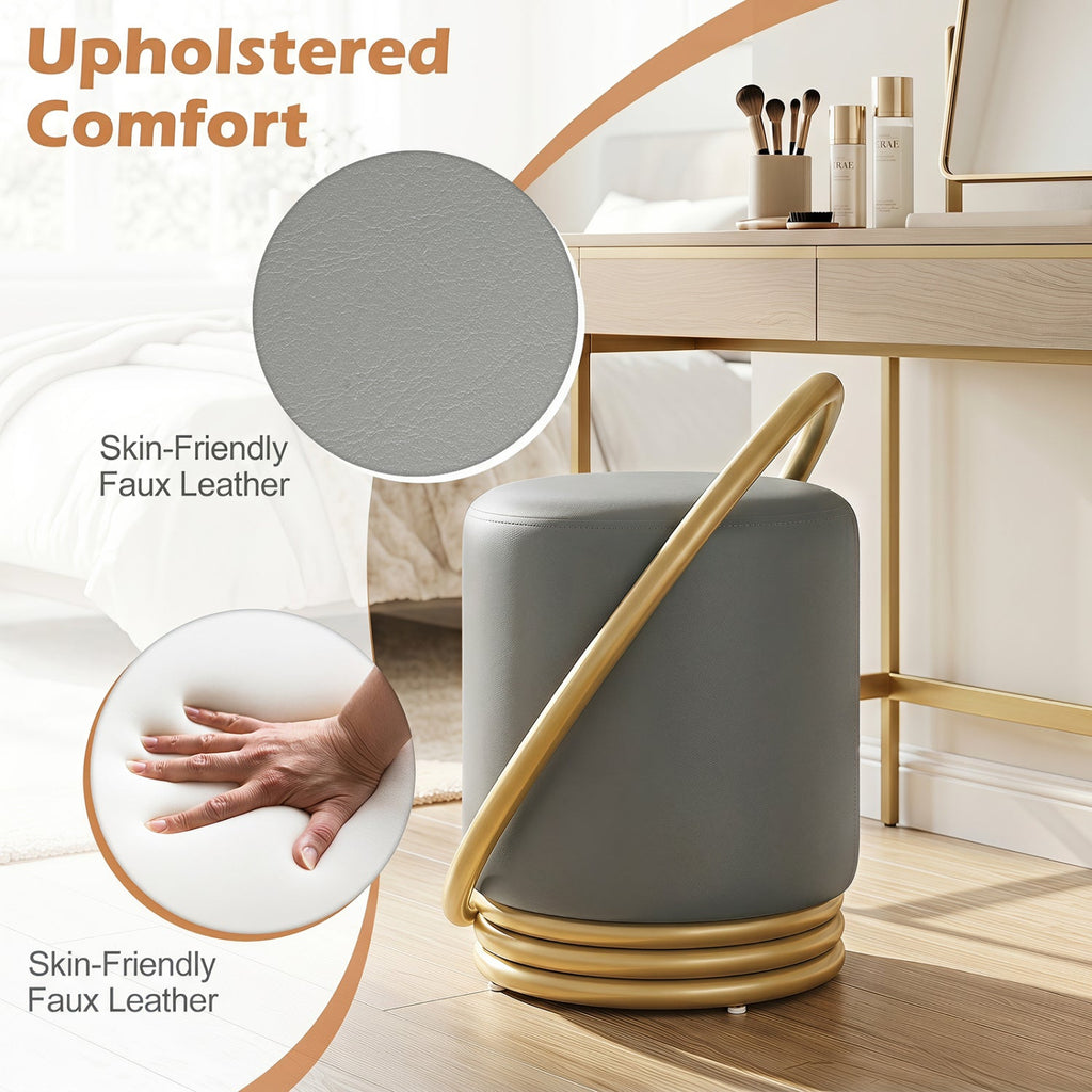 Round Vanity Stool with Gold Halo Design - Faux Leather