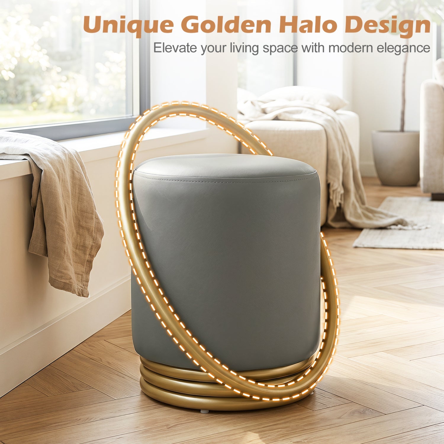 Round Vanity Stool with Gold Halo Design - Faux Leather