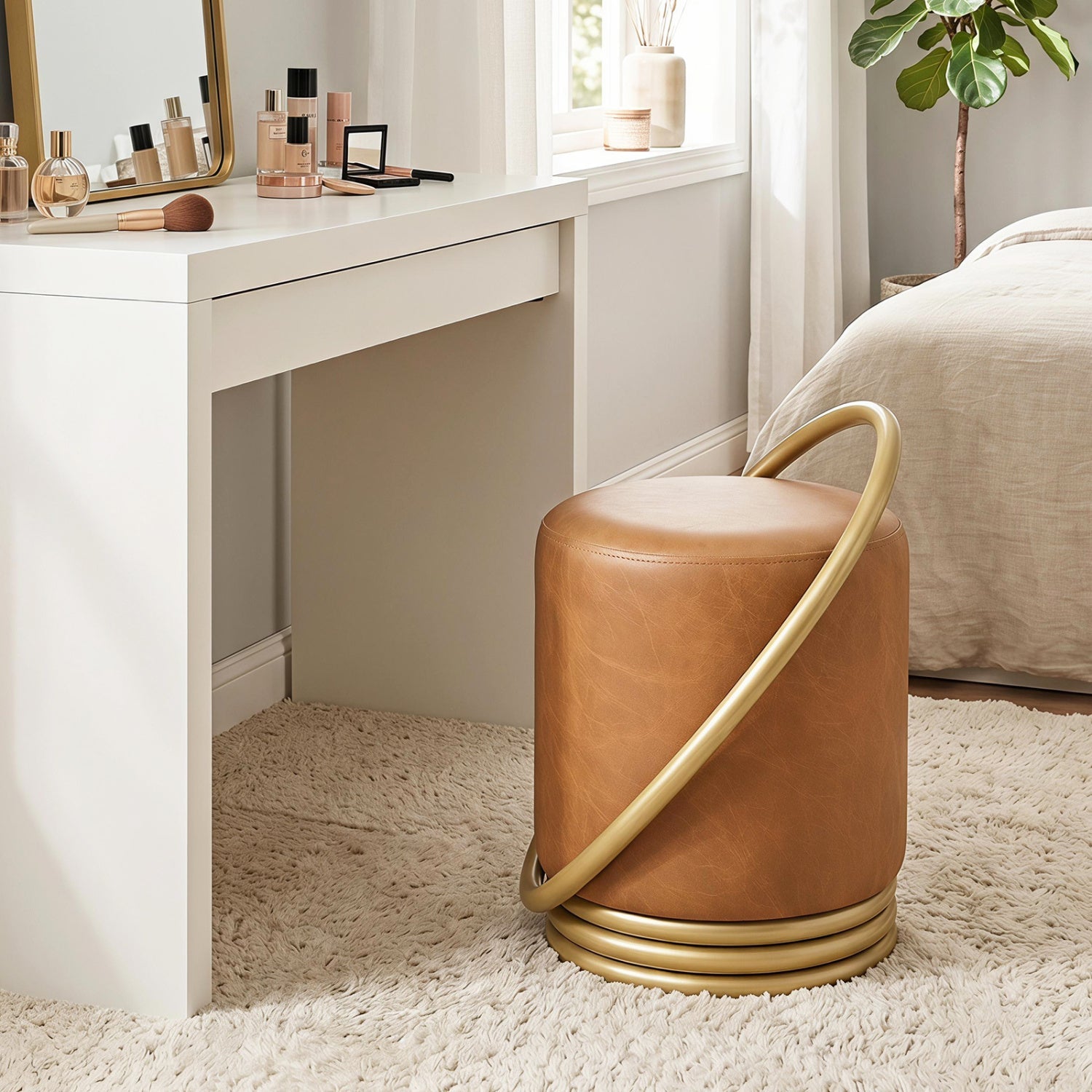 Round Vanity Stool with Gold Halo Design - Faux Leather