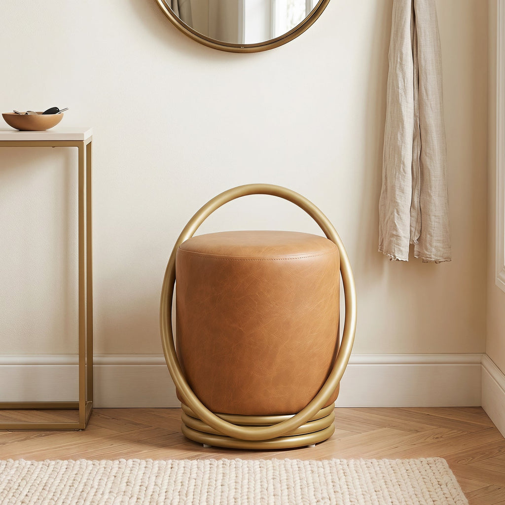 Round Vanity Stool with Gold Halo Design - Faux Leather