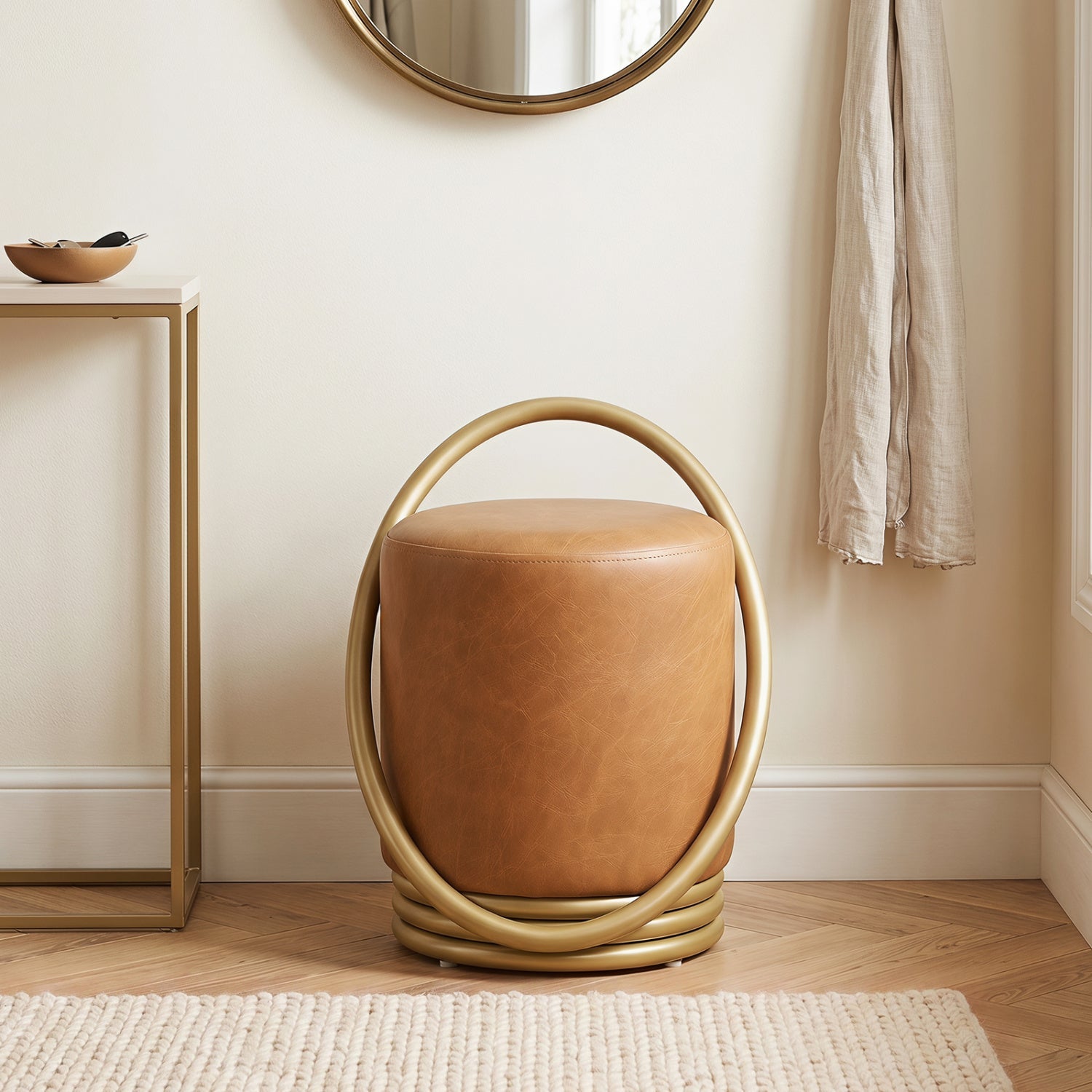 Round Vanity Stool with Gold Halo Design - Faux Leather