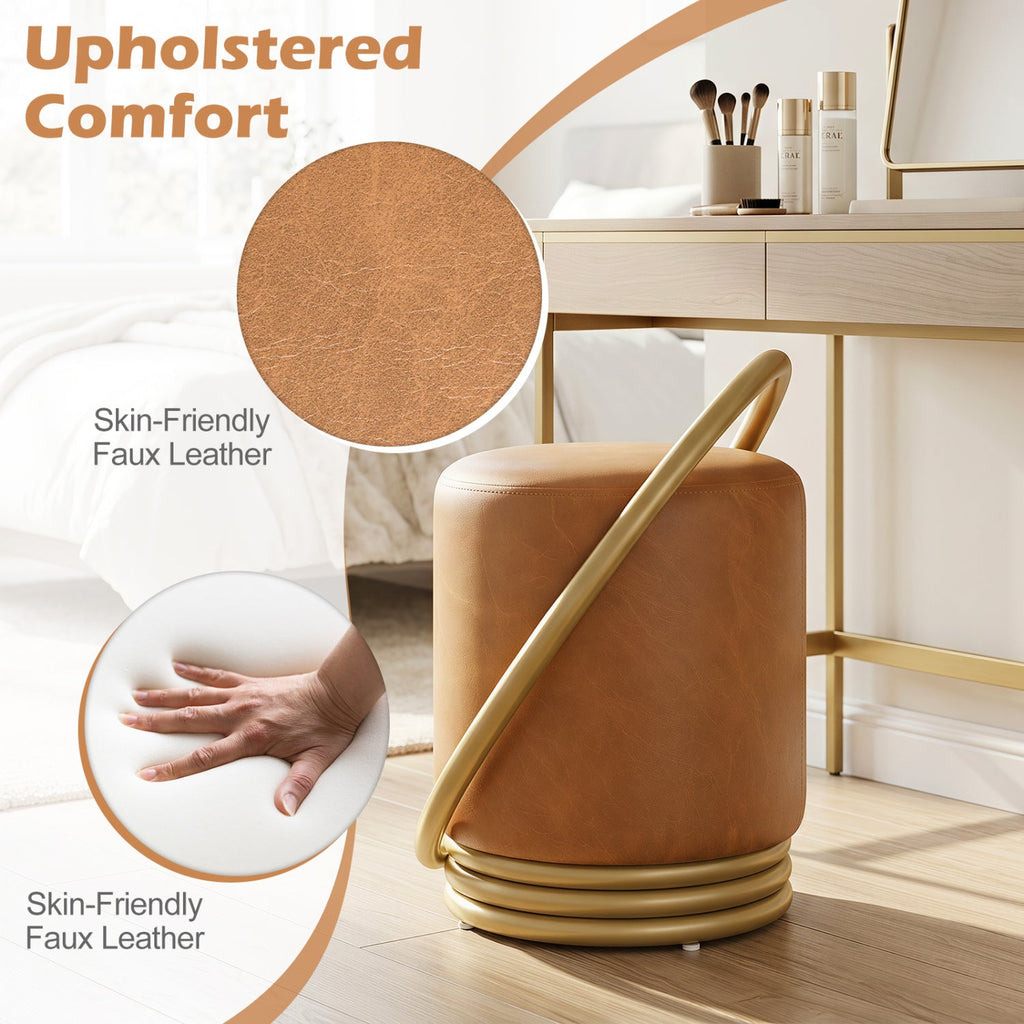 Round Vanity Stool with Gold Halo Design - Faux Leather