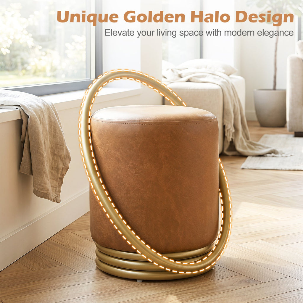Round Vanity Stool with Gold Halo Design - Faux Leather