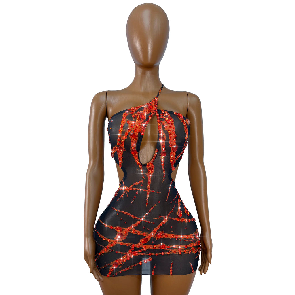 Crimson Rhinestone Mesh Mini Dress