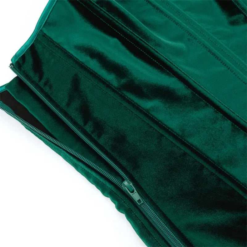 Green Velvet Overbust Corset Top Side Zipper Lace-Up Boned Bustier Top