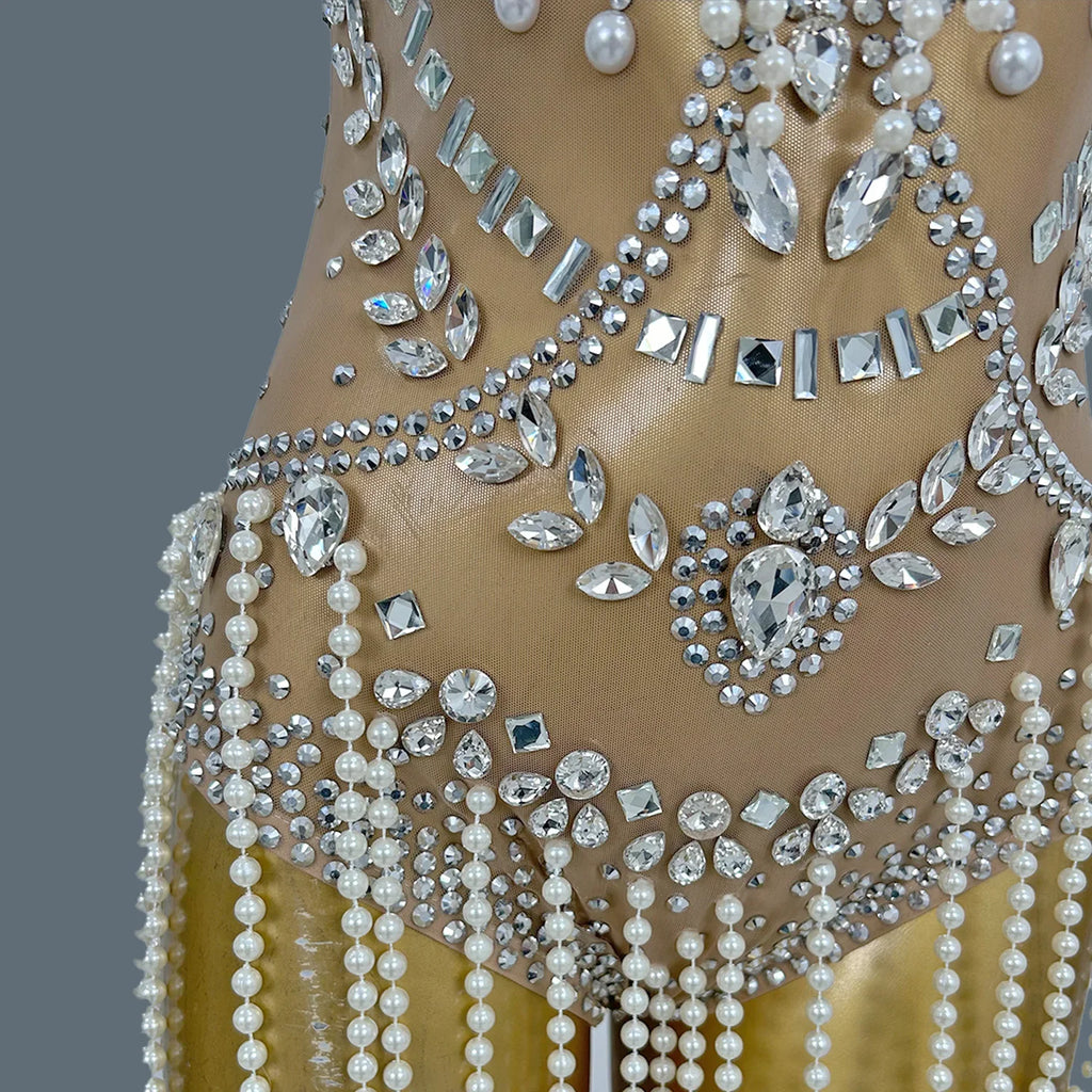 Nude Rhinestone Pearl Tassel Festival Bodysuit