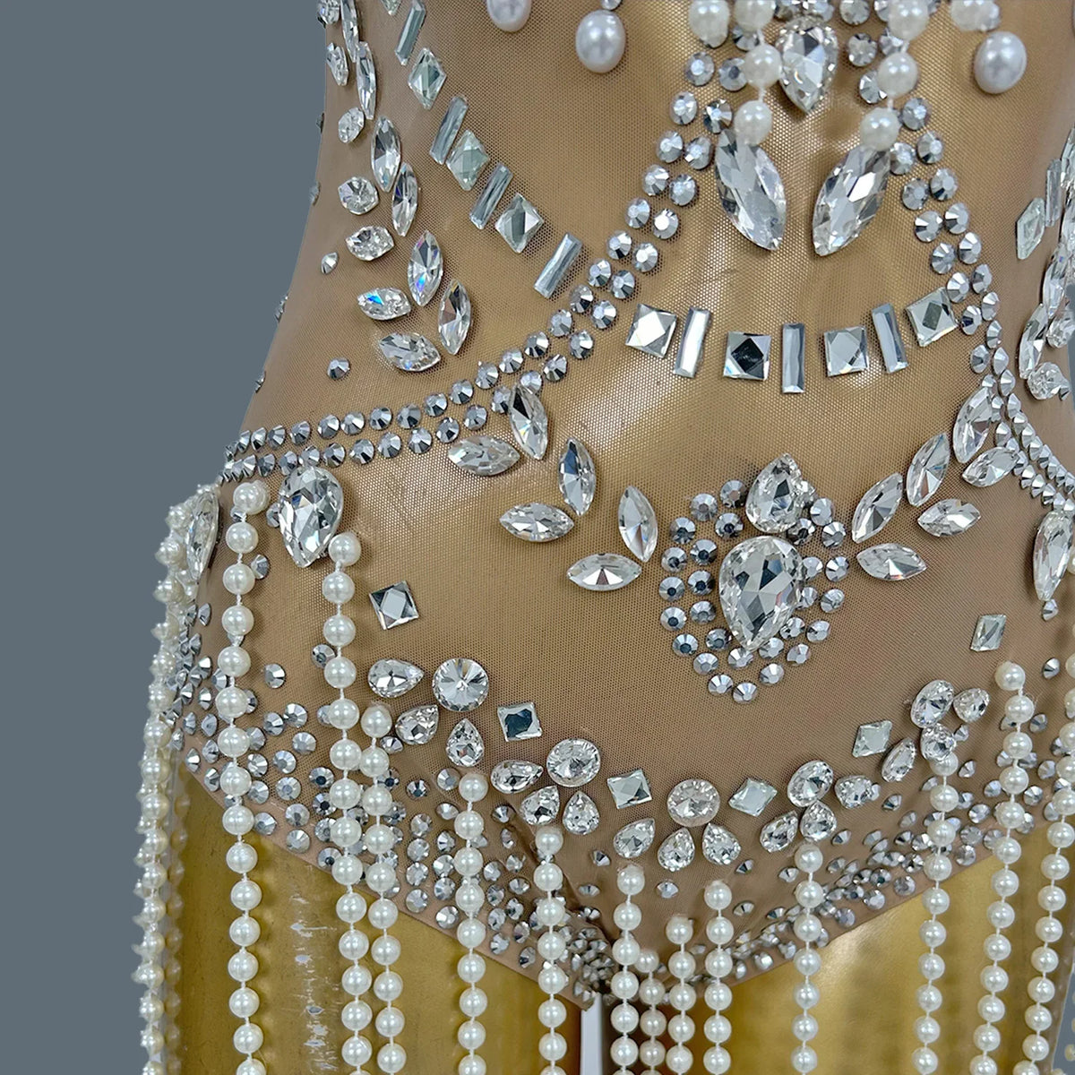Nude Rhinestone Pearl Tassel Festival Bodysuit