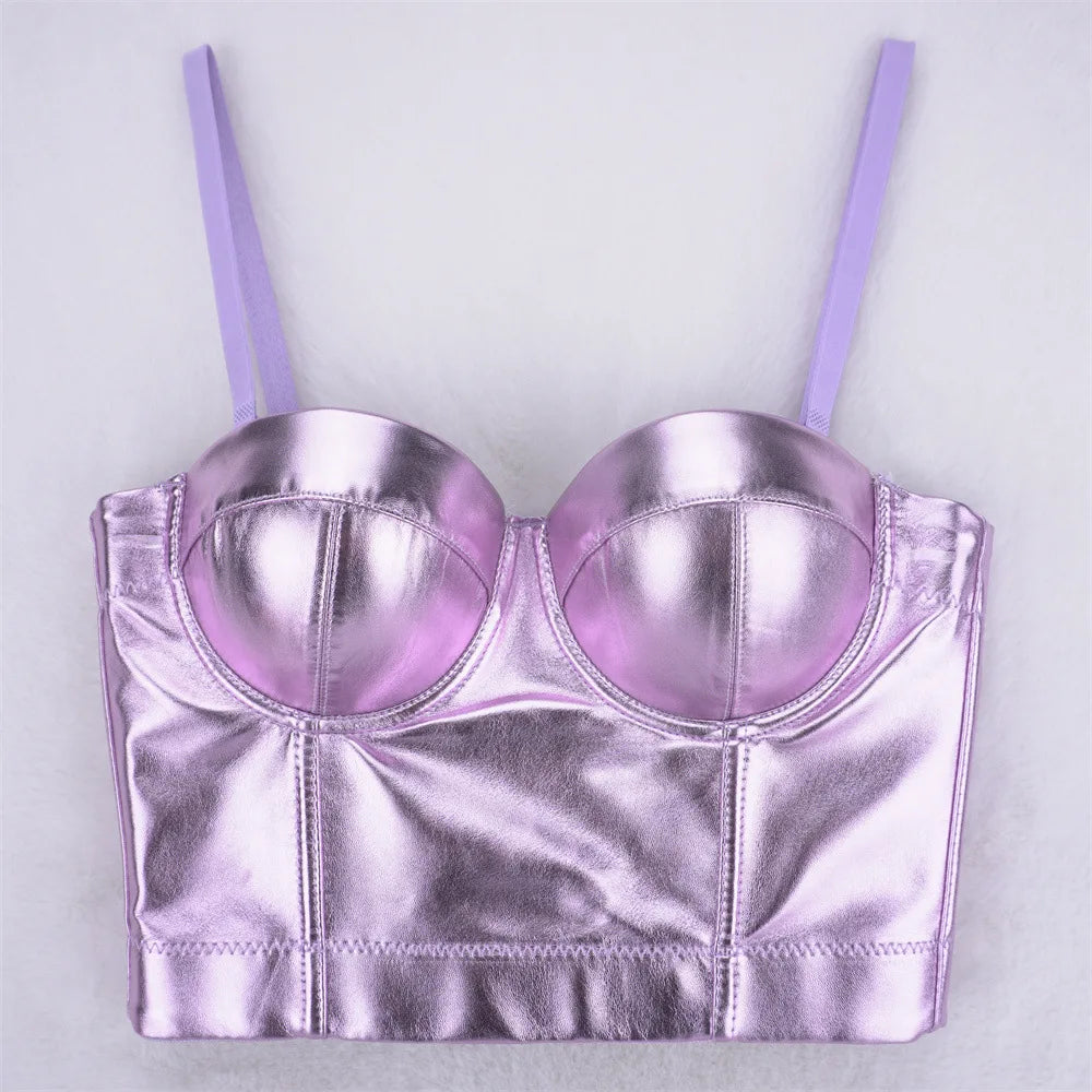 Purple Metallic PU Leather Bustier Corset Crop Top High Street Bralette