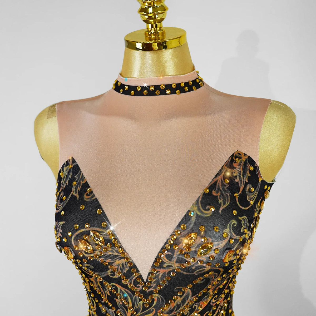 Gold Rhinestone Fringe Bodysuit | Latin Dance Costume