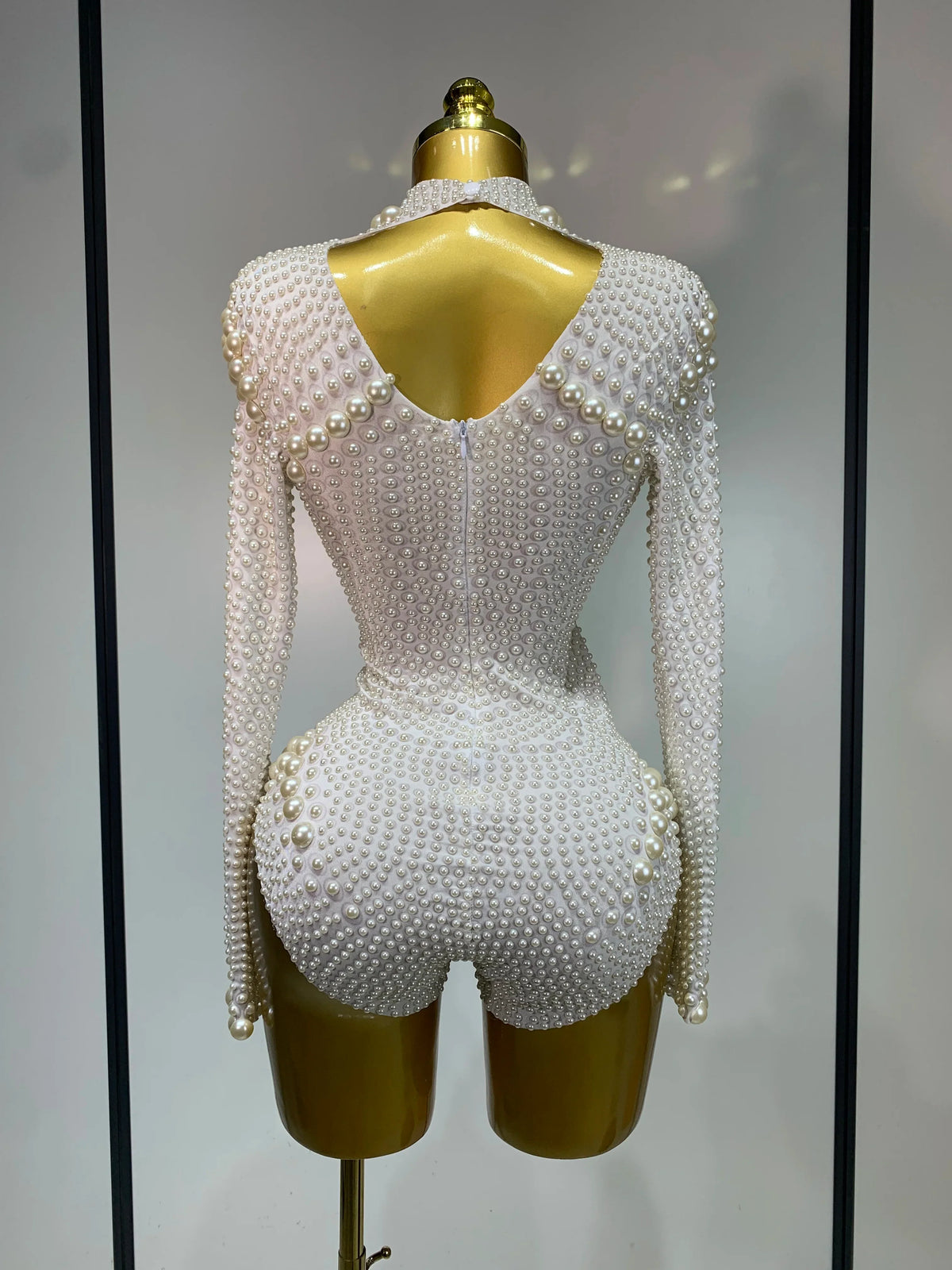 Luxury Pearl Long Sleeve Spandex Stretch Bodysuit Evening Stage Performance Costume