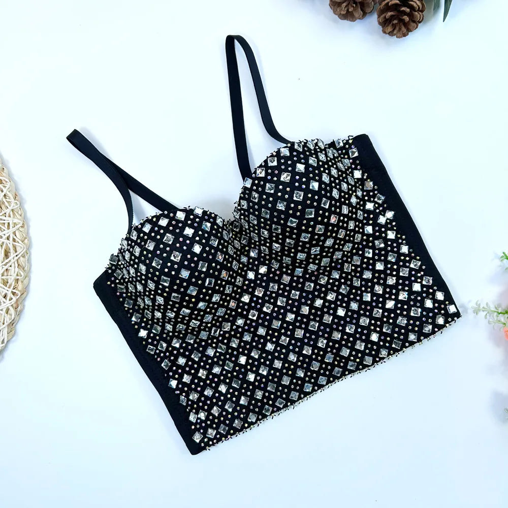 Studded Mesh Corset Bustier Crop Top
