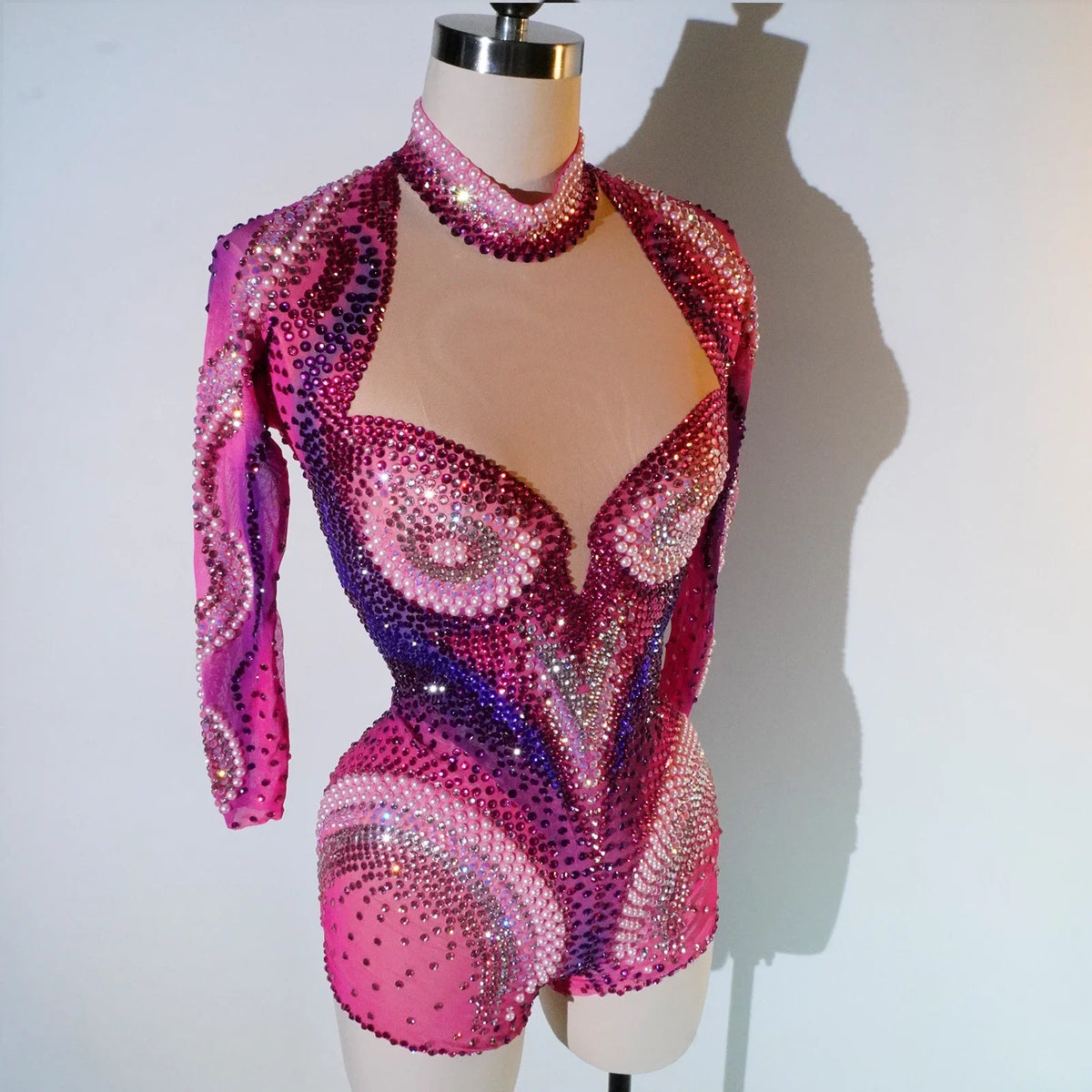 Pink Rhinestone Long-Sleeve Mesh Bodysuit | Stagewear