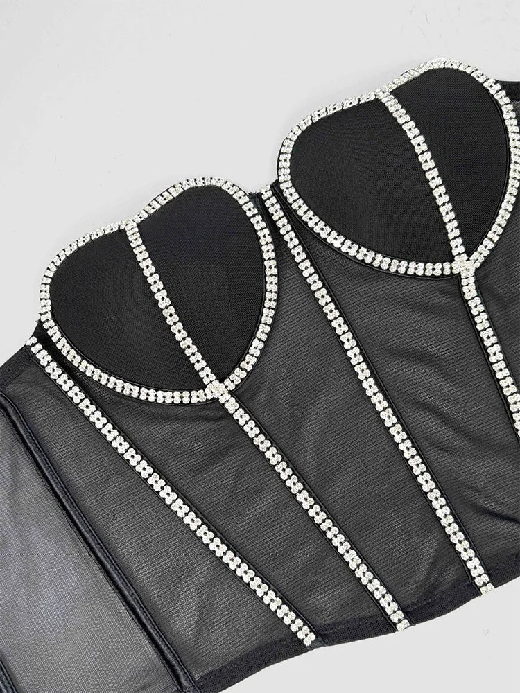 Black Strapless Diamond Embroidered Mesh Bustier Corset Top Stage Party Bralette
