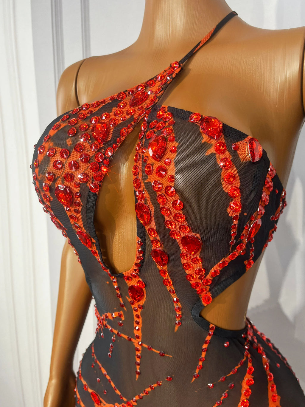 Crimson Rhinestone Mesh Mini Dress