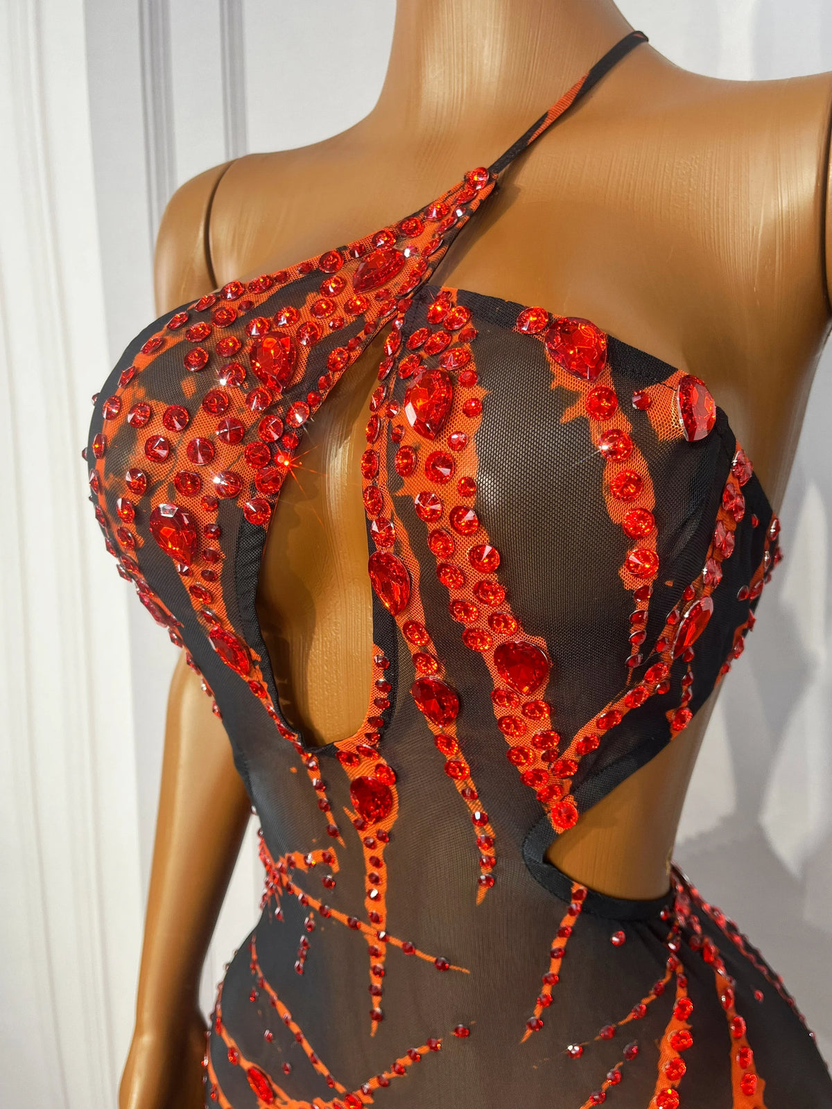Crimson Rhinestone Mesh Mini Dress