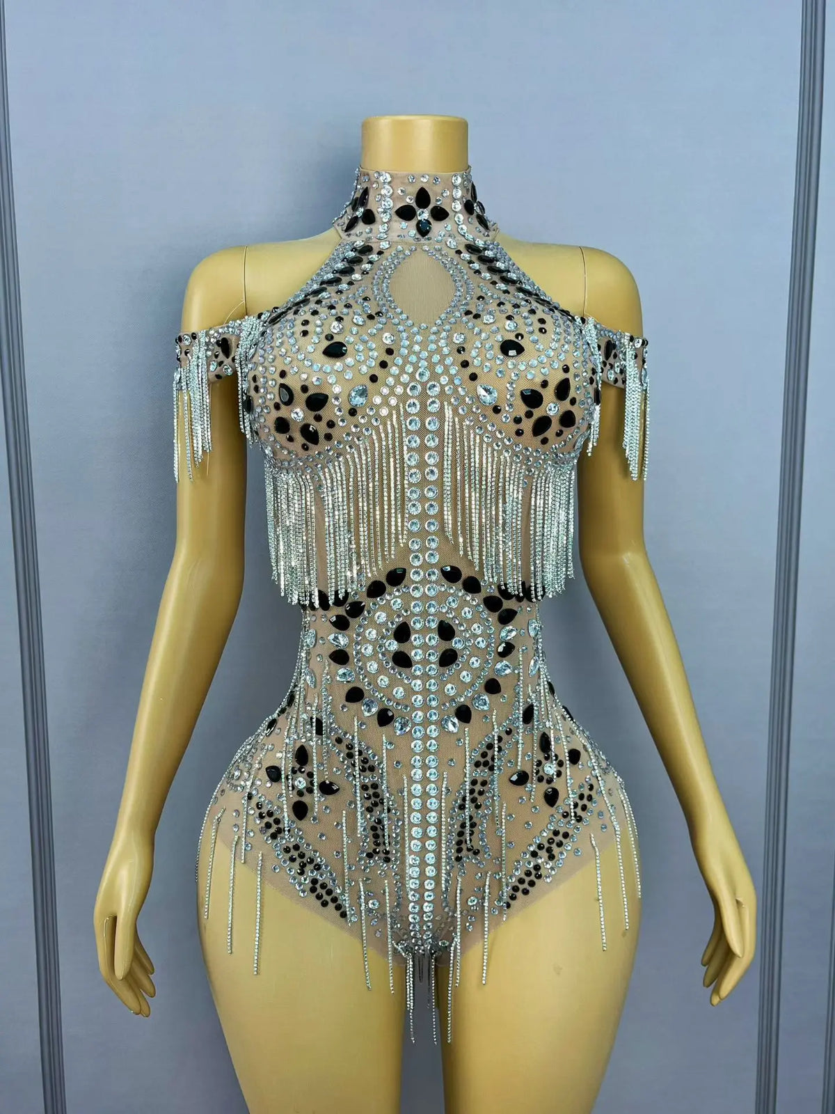 Luxury Rhinestone Sheer Mesh Bodysuit Drag Queen Stage Costume Leotard