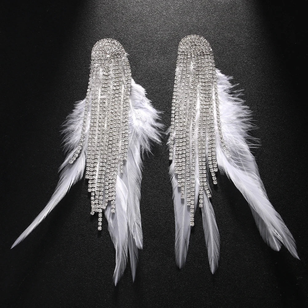 Crystal Tassel Feather Drop Earrings