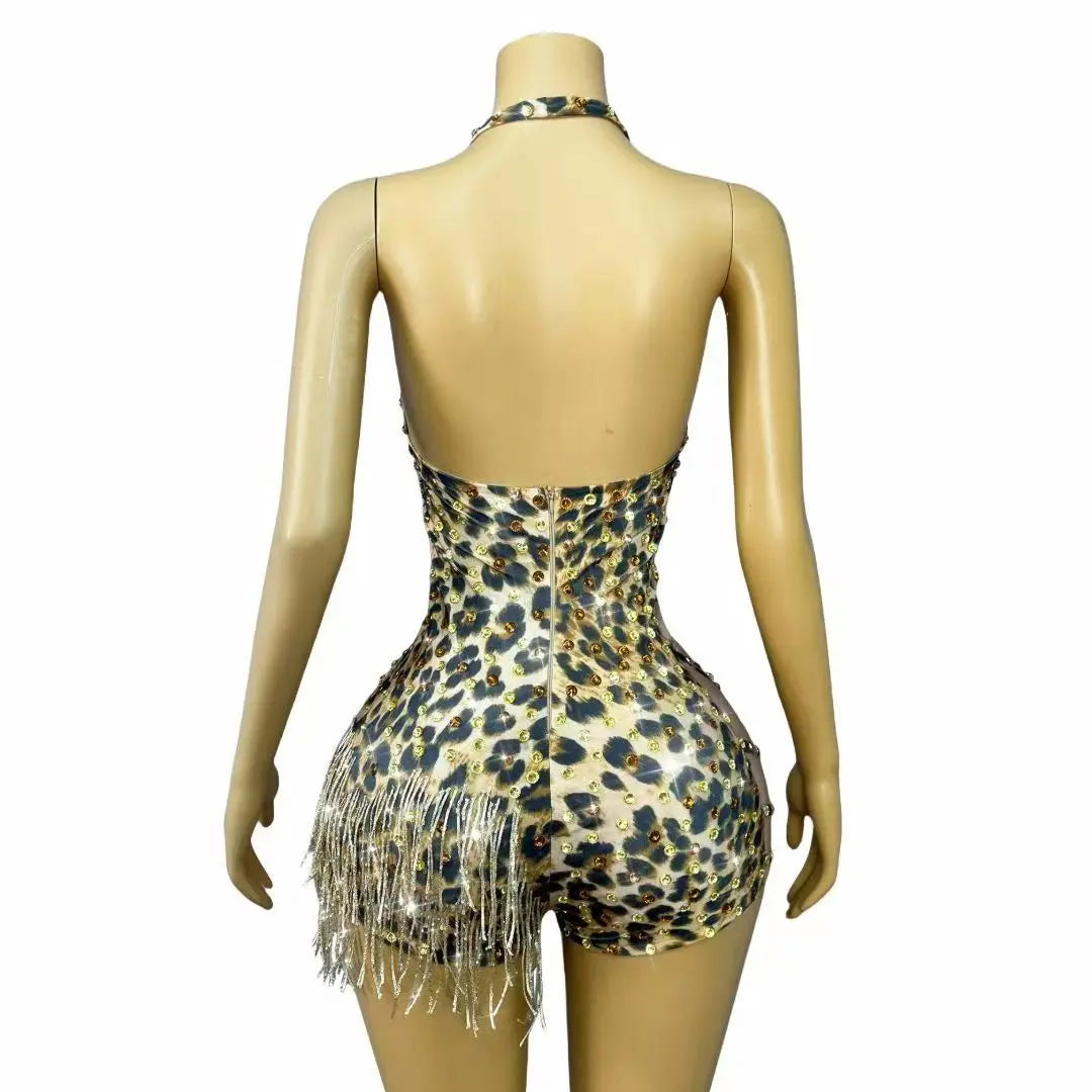 Leopard Crystal Fringe Festival Bodysuit