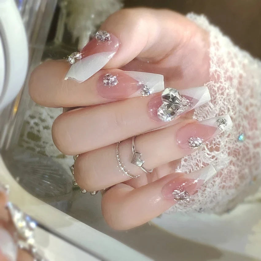 24pcs New Year Heavy Metal Press on Nails Chinese Bride Wedding Fake Nails Full Cover Wearable Shiny Large Crystal False Nails