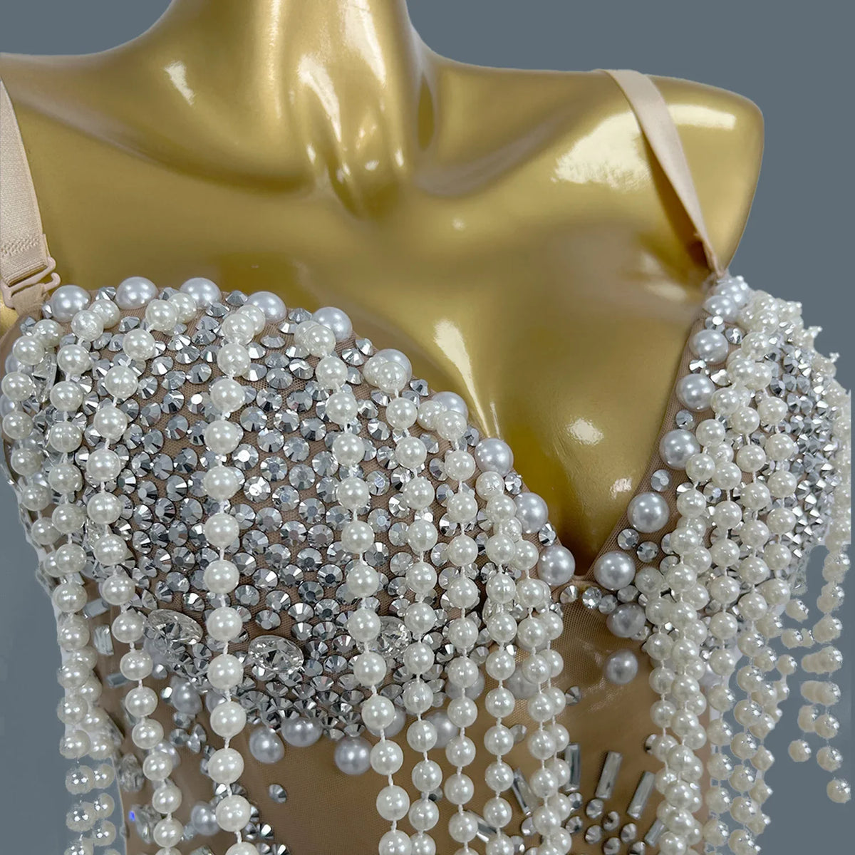 Nude Rhinestone Pearl Tassel Festival Bodysuit
