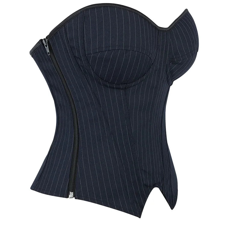 Black Striped Overbust Corset Top Zipper Front Lace-Up Bustier Body Shaper