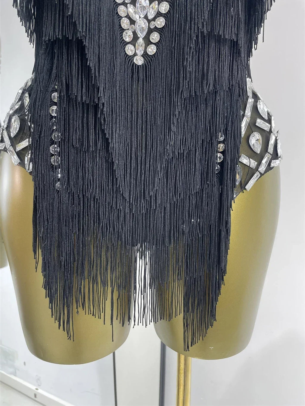 Black Rhinestone Fringe Mesh Leotard | Dancewear