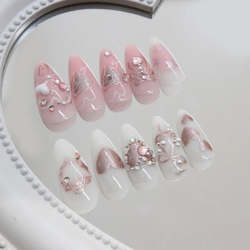Pink Bow & Pearl Press-On Nails | Almond Style