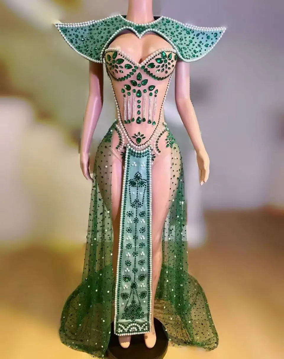 Emerald Rhinestone Bodysuit & Peacock Cloak Set