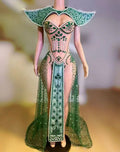 Emerald Rhinestone Bodysuit & Peacock Cloak Set
