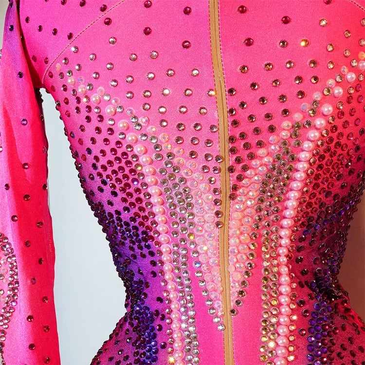 Pink Rhinestone Long-Sleeve Mesh Bodysuit | Stagewear